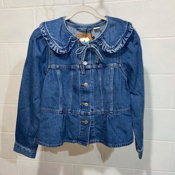 Levi's Premium Women's Prairie Trucker Jacket SMALL Blue Denim Ruffles‎ Feminine - Picture 1 of 8